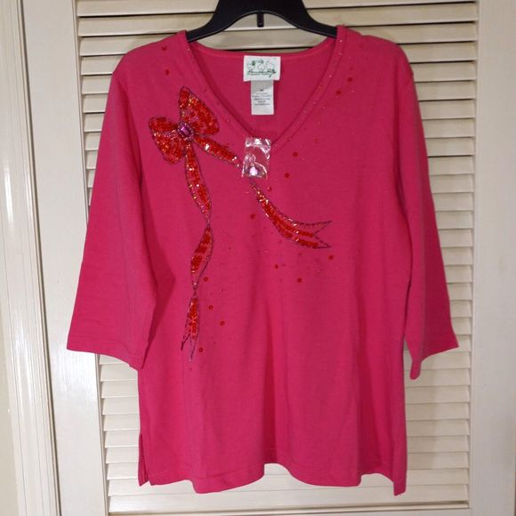 Quaker Factory Top Medium Pink Beaded 3/4 Sleeves Ribbed Bow Holiday Hong Kong - Picture 1 of 8